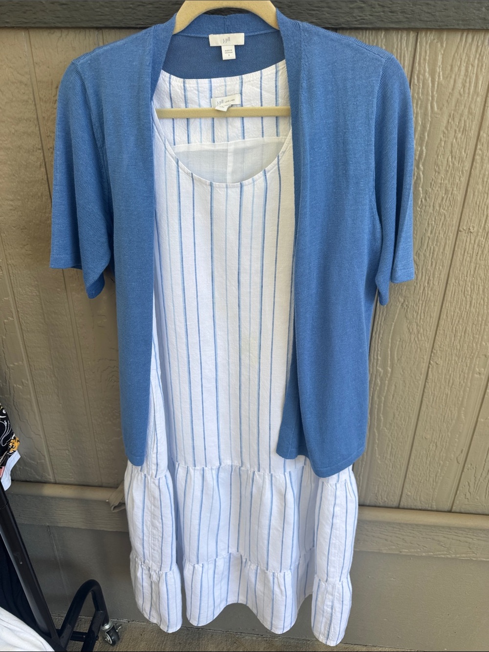 J. Jill White and blue linen Dress with Blue Cardigan